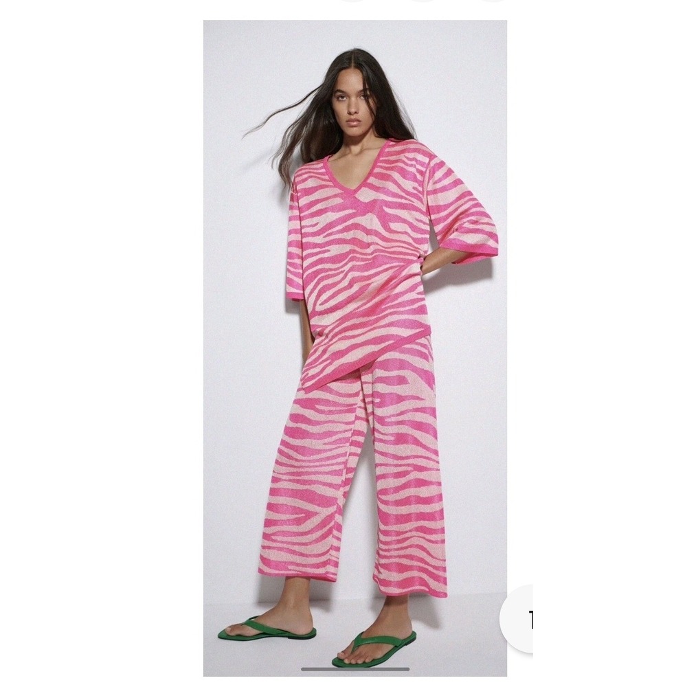Zara Zebra Neon Pink Jacquard Tunic Top XL Oversized V-Neck Knit Barbiecore NWOT